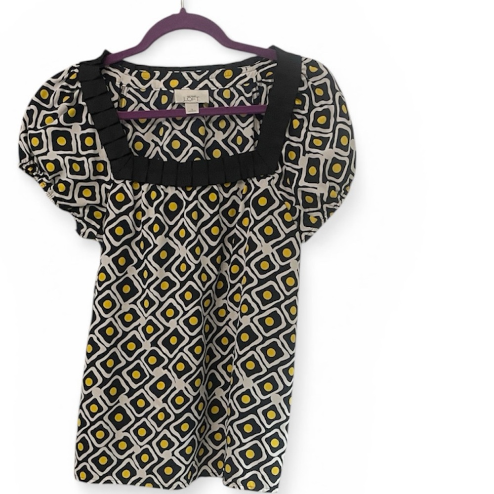 LOFT Navy White and Yellow Geometric Puff Sleeve Blouse Sz S Small Square Neck